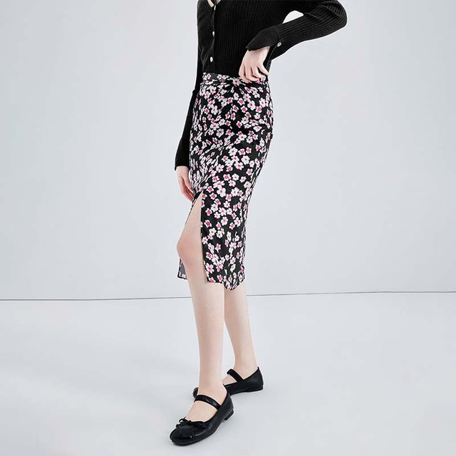 Qiushui Yiren Exole floral chiffon straight skirt autumn girl elegant versatile slit midi skirt