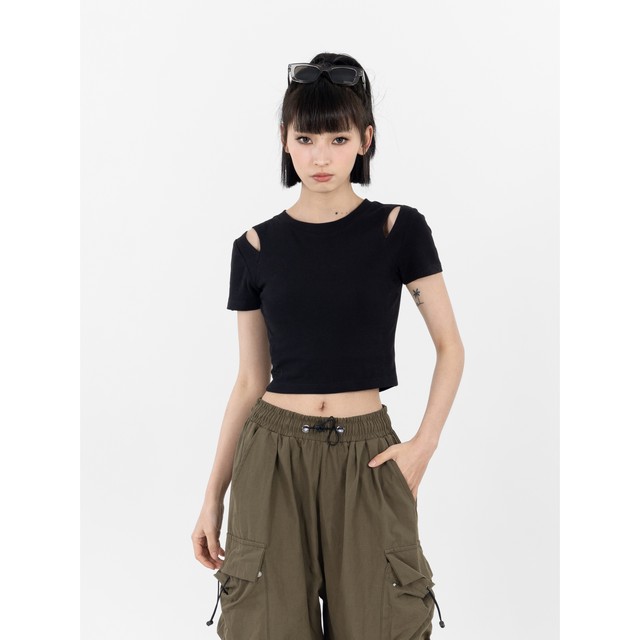 Black cotton hollow short-sleeved T-shirt for women in women's slim summer new high-waisted navel-exposed top ins Korean style