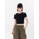 Black cotton hollow short-sleeved T-shirt for women in women's slim summer new high-waisted navel-exposed top ins Korean style