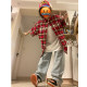 National trend American street red plaid shirt short-sleeved women's summer couple high street trendy brand design niche tops