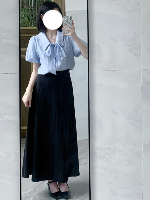 Black ice silk suit skirt for women in summer thin and versatile large size high waist drooping mid-length A-line umbrella skirt