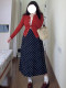 Retro black polka dot skirt for women in summer large size pear shape, slim high waist slit A-line suit long skirt