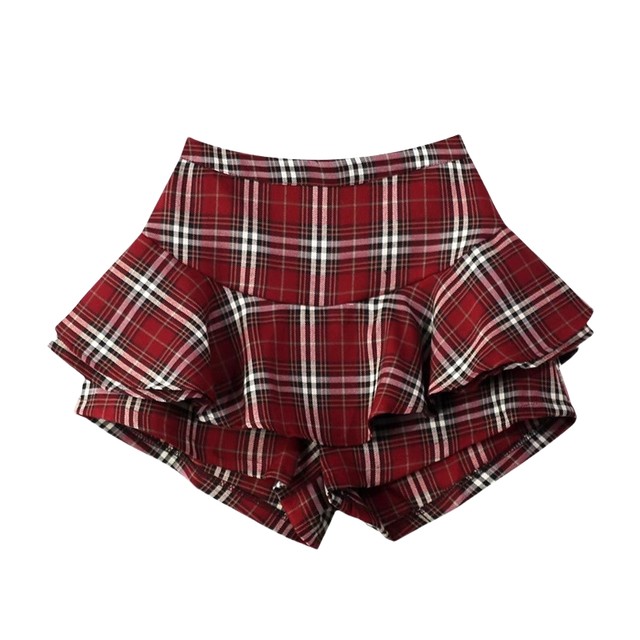 Fat mm ruffled skirt pants for women in summer large size anti-light protection against hips and slim red plaid A-line puffy short skirt
