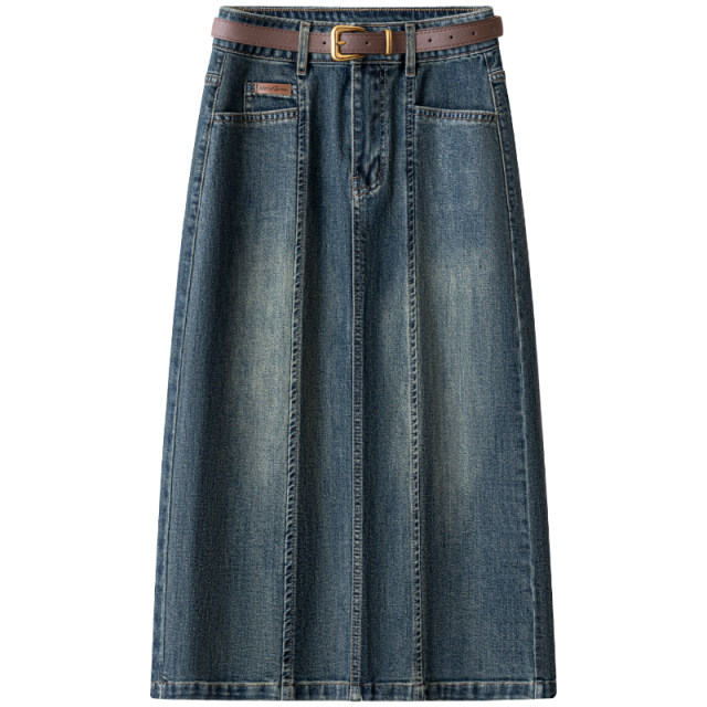 Retro dressing denim skirt spliced ​​mid-length skirt for women 2024 autumn new high-waisted slim hip skirt
