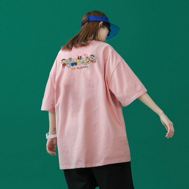 Tide brand summer new cartoon pattern pure cotton round neck white short -sleeved T -shirt women loose and versatile thin top
