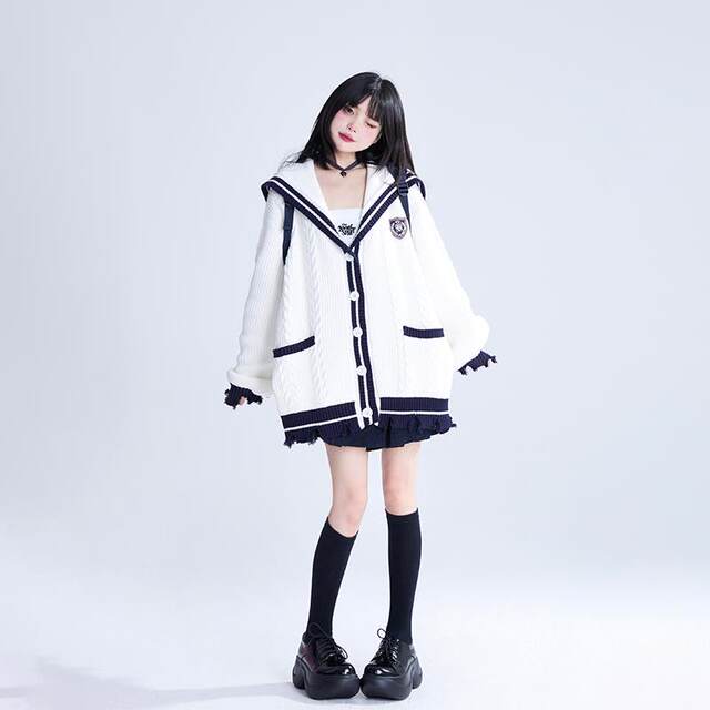 11SH97 Navy Collar Sweater Women's 2024 Autumn New Cardigan Jacket Loose Casual Knitted Sweater
