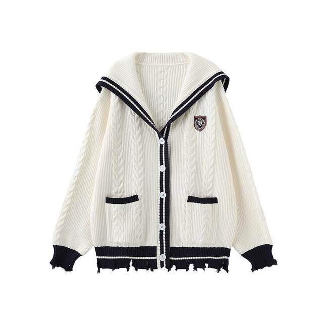 11SH97 Navy Collar Sweater Women's 2024 Autumn New Cardigan Jacket Loose Casual Knitted Sweater
