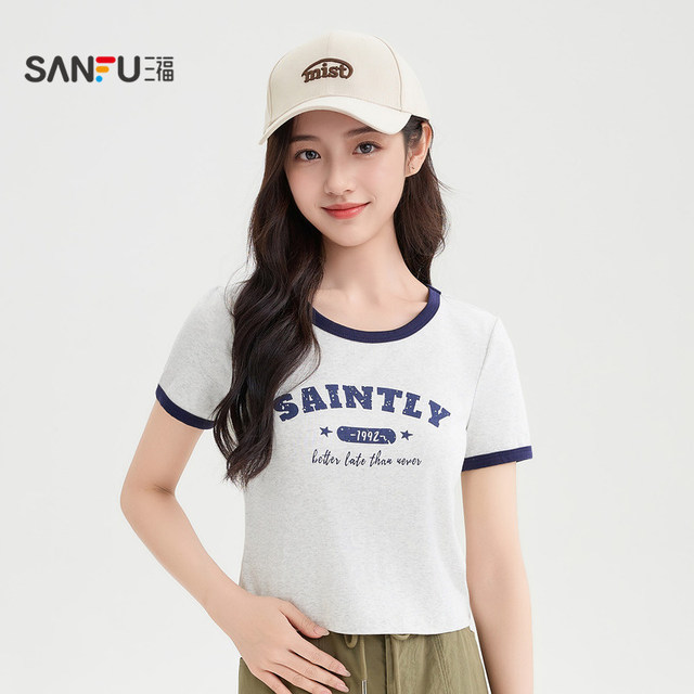 Sanfu short T-shirt 2025 summer American pattern printed contrasting short round neck top women's clothing 495811
