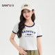Sanfu short T-shirt 2025 summer American pattern printed contrasting short round neck top women's clothing 495811

