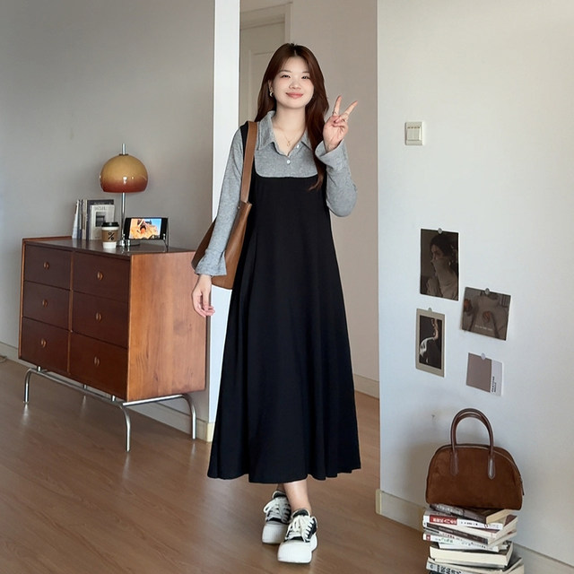 A slightly fat Meow Meow Large size women's fat mm in autumn, huge and beautiful slim two-piece A-line dress 6651