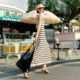Evely Big U -collar cutout basic casual comfortable sleeveless autumn loose striped striped knit dress
