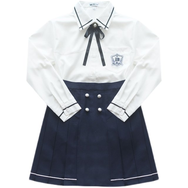 Achejia's large size jk original Incheon art high white long and short sleeve shirt, blue color skirt, Korean college style suit