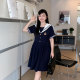 Ache's big size jk fat mm original versatile slim two-piece college style navy neck short-sleeved dress for women
