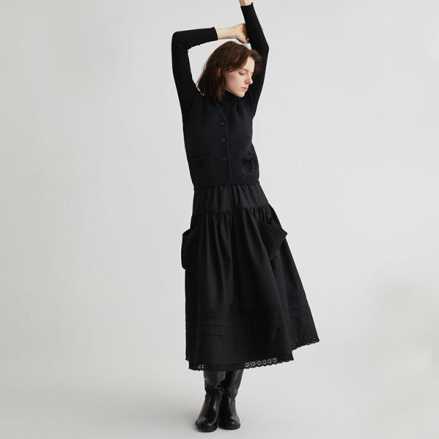 Ahhh big pocket skirt for women with high waist lazy style mid-length pleated skirt cake skirt autumn and winter new style