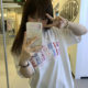 National trend brand pink floral embroidered short-sleeved women's T-shirt summer loose oversize design niche half-sleeved top