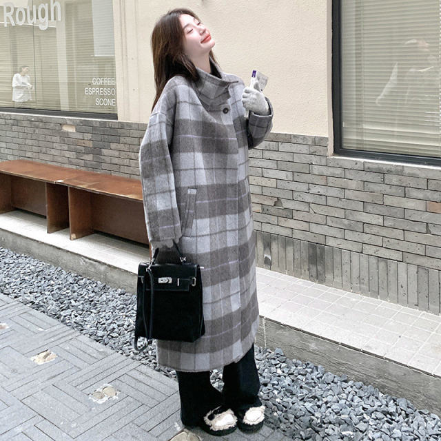 Spot loose new style is available for sale in 2024 winter Korean version of high-quality versatile long plaid double-sided cashmere coat