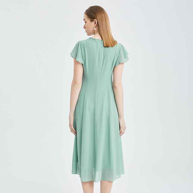 The same style of Matiannu women's clothing in the mall, the new spring and summer products, solid color lotus leaf sleeve dress, pleated high-waisted chiffon skirt
