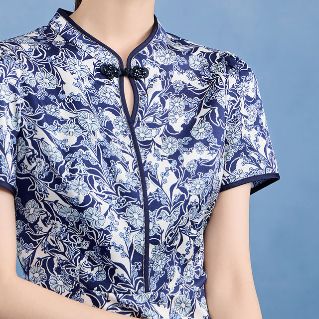 Ma Tiannu women's clothing summer new blue printed new Chinese cheongsam short-sleeved dress slim long skirt gift dress
