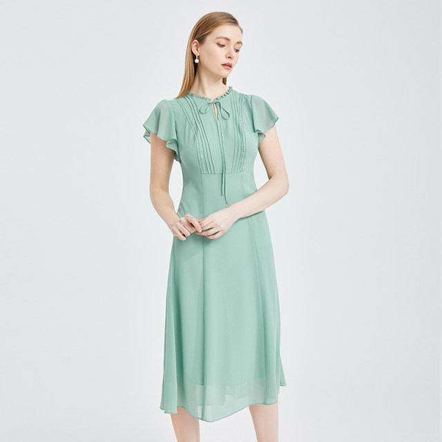 The same style of Matiannu women's clothing in the mall, the new spring and summer products, solid color lotus leaf sleeve dress, pleated high-waisted chiffon skirt
