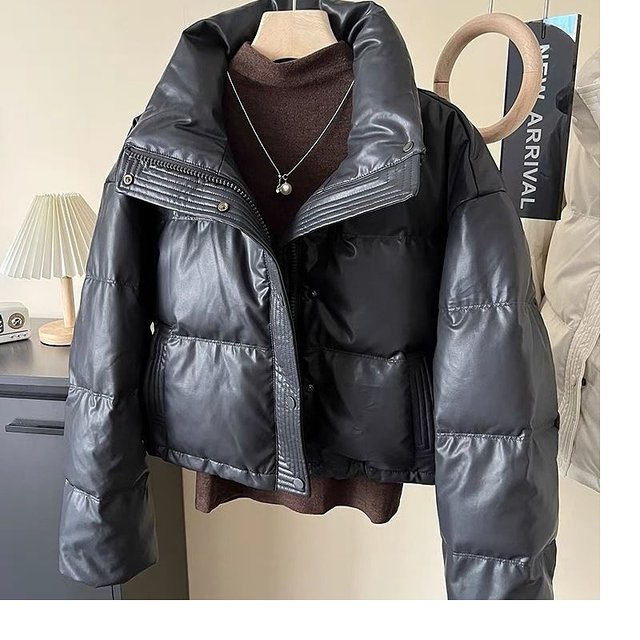European winter stand collar pu leather no-wash down cotton jacket for women fashionable small person thick warm bread jacket trendy

