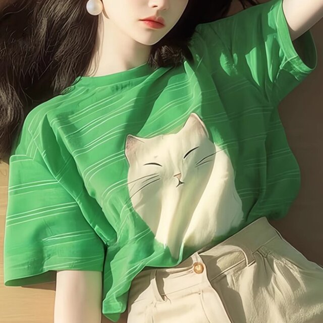 Green striped short-sleeved T-shirt for women 2025 new hot summer loose dopamine fashionable age-reducing top
