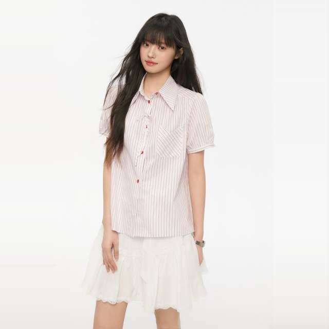 Pink ers co-branded summer age-reducing red striped bow short-sleeved design puff sleeve shirt for women
