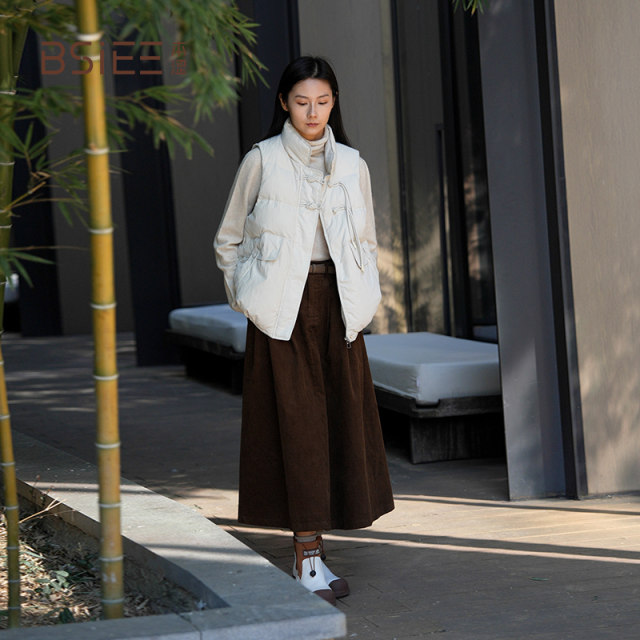 BSiEE belt corduroy skirt new year autumn and winter retro high waist slimming mid-length A-line skirt