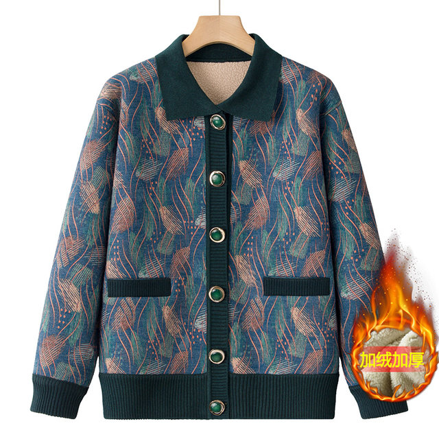 
Elderly women's sweater cardigan winter new mother's velvet warm clothes old man's coat and wife's top