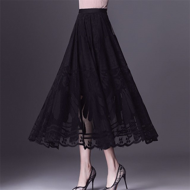 Lace skirt for women 2025 spring and autumn popular versatile A-line mid-length skirt with large mesh hollow fairy pleated skirt
