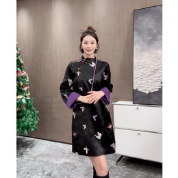 This year the popular new Chinese style national style women's improved cheongsam high-end exquisite black cupping print dress early spring