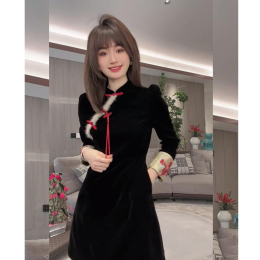 Annual birthday dress new Chinese style national wind improved cheongsam small Herben style black velvet dress autumn and winter