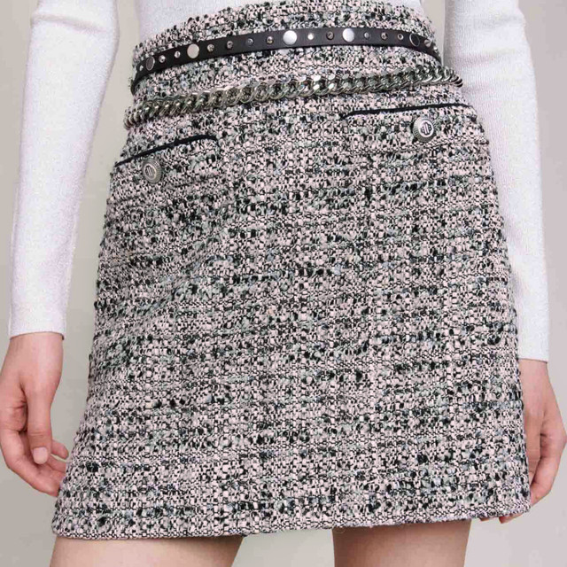 Maje Outlets Women's French Fashion Tweed A-line Short High Waist Slim Skirt MFPJU01138