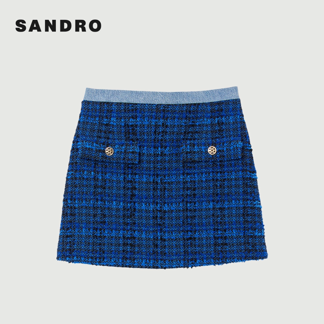 
SANDRO Outlets Women's French Elegant Tweed High Waist Blue Short Skirt SFPJU00783