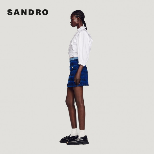 
SANDRO Outlets Women's French Elegant Tweed High Waist Blue Short Skirt SFPJU00783
