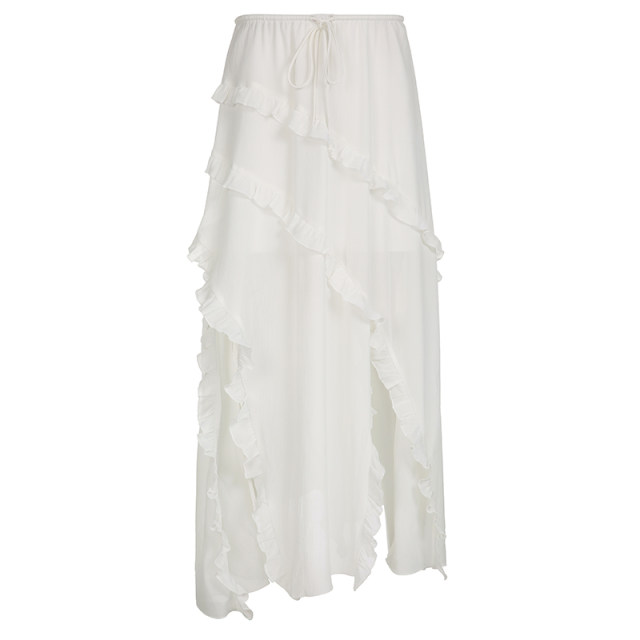 AOMR French gentle white ruffled flowing skirt for women on vacation style fairy lace-up waist slit long skirt