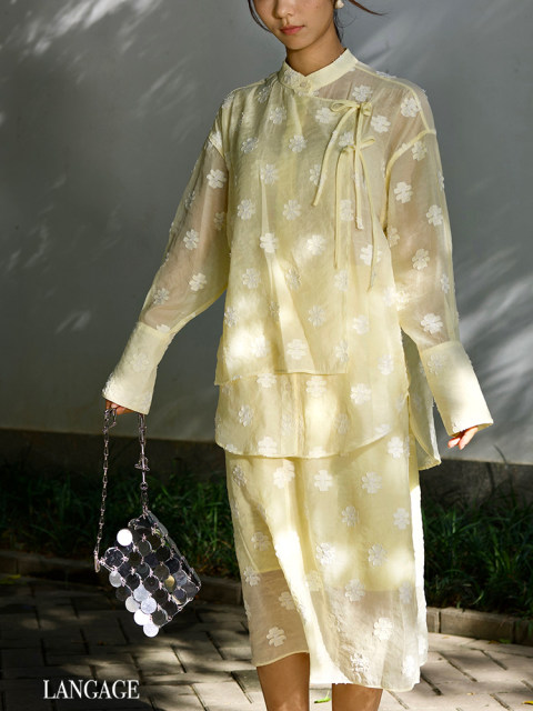 LANGAGE new Chinese light yellow three-dimensional flower skirt sun protection high waist simple and versatile pocket commuting set