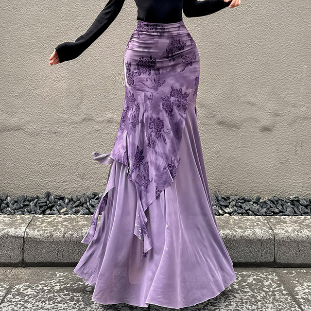 Eilove purple charm new Chinese -style printed skirt feminine slim body mesh stitching irregular fishtail skirt
