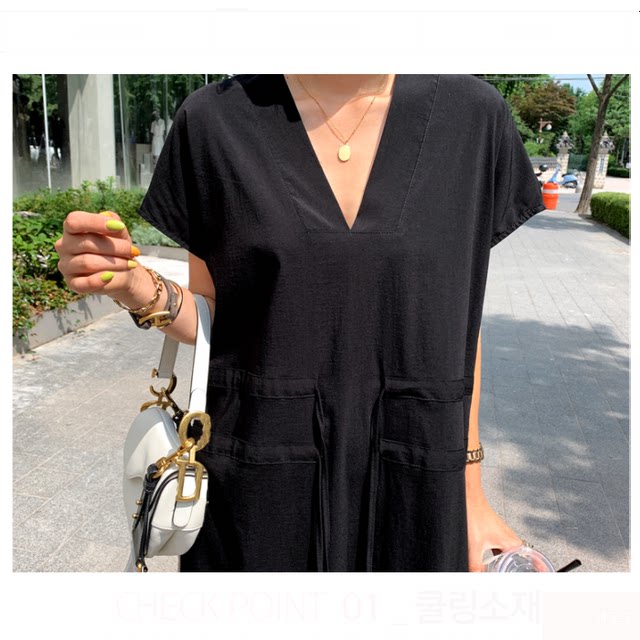 European and American style fashion summer large-size women's short-sleeved V-neck loose dress simple waist solid color long skirt trendy