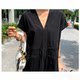 European and American style fashion summer large-size women's short-sleeved V-neck loose dress simple waist solid color long skirt trendy