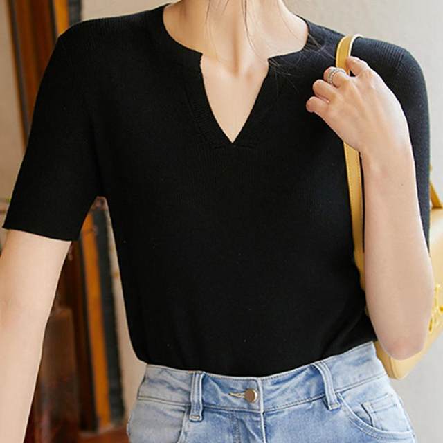 KATTERLLG French high-end and beautiful solid color v-neck short-sleeved sweater for women in summer casual and simple