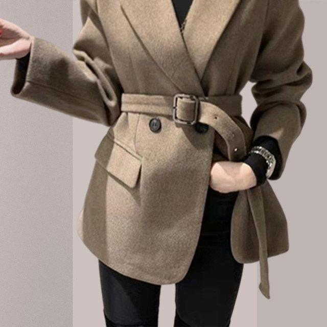 Women's short 2025 autumn new high-end lace-up suit for women's waist-tightening thick wool coat