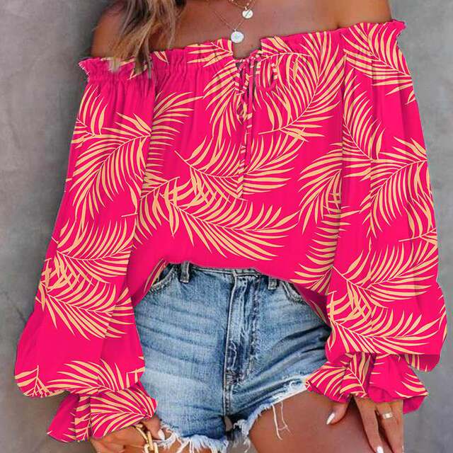 European and American vacation -style top spring and summer women's sexy shoulder -shaped collar shirts lace -up printed long -sleeved shirt
