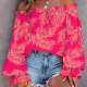 European and American vacation -style top spring and summer women's sexy shoulder -shaped collar shirts lace -up printed long -sleeved shirt
