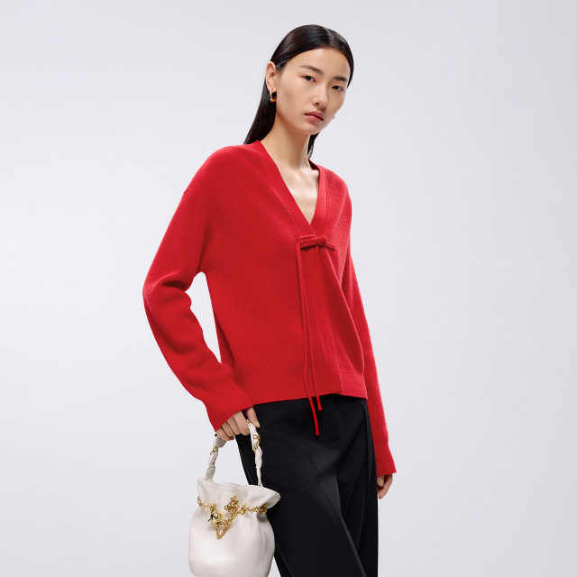 Lance/Langzi 2025 New Chinese New Chinese Big Red Knit Cardigan Vedic Wool Wool Cashmere Top Girl
