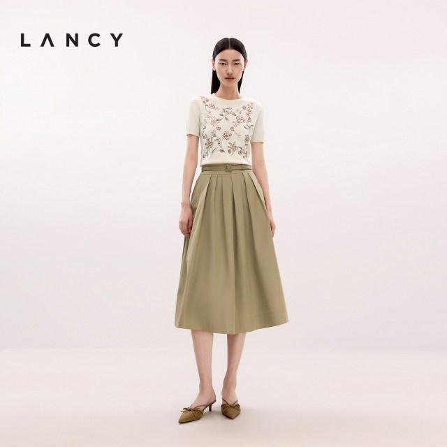 LANCY/Langzi 2025 summer new khaki high waist mid-length large sway temperament umbrella skirt casual skirt