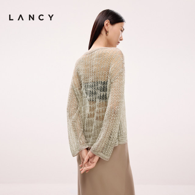 LANCY/Langzi 2025 summer new elegant hollow long-sleeved shirt perspective linen knit high-end top for women