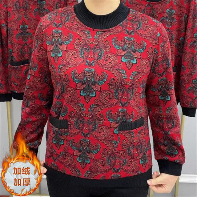 Fashionable mother suit plush velvet thickened base shirt 2024 winter middle-aged and elderly women's fashionable warm pocket top
