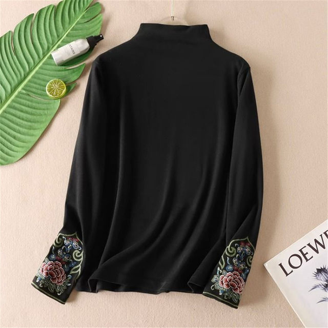 Half turtleneck double-sided German velvet bottoming shirt for women in autumn and winter new style Chinese style embroidery thickened warm top mother's wear