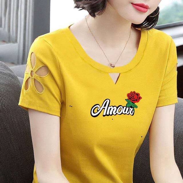 Mom's summer new pure cotton short-sleeved T-shirt for women Korean style versatile slim top embroidered slim fit large size T-shirt