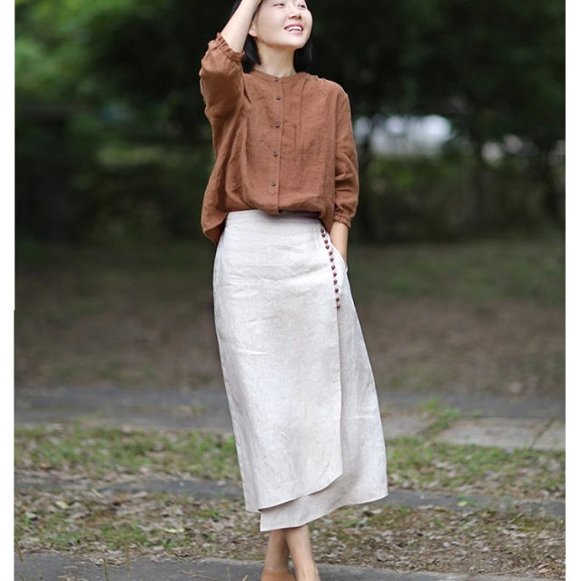 Solid color mid-length original hemp color literary irregular splicing skirt linen commuter slit A-line skirt summer